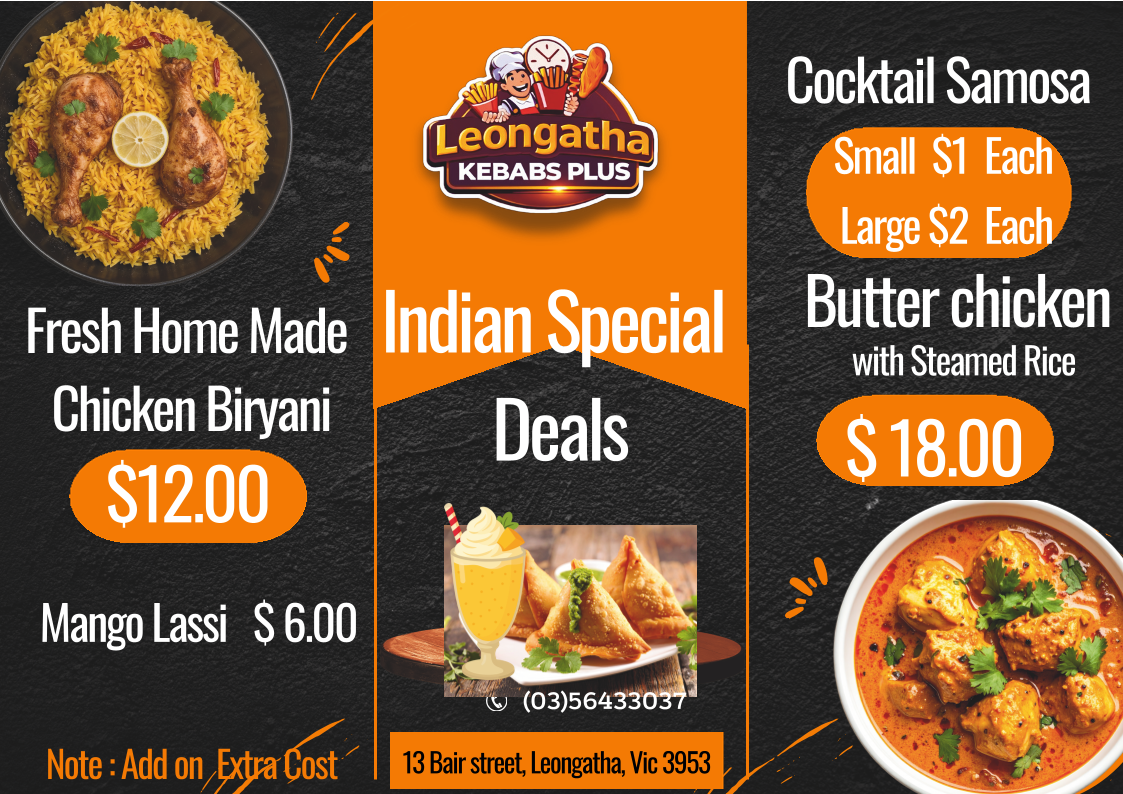 Menu, Leongatha Kebabs Plus