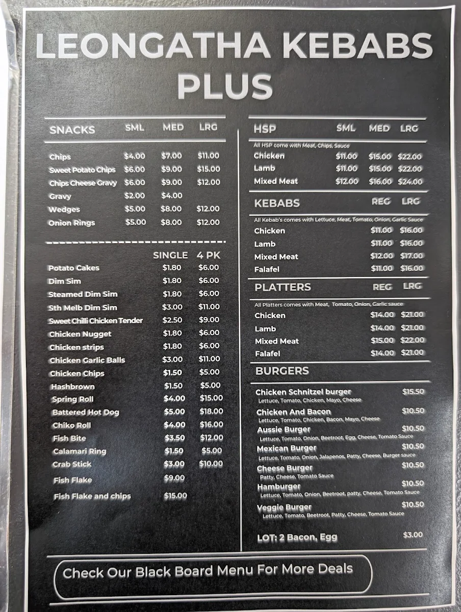 Menu, Leongatha Kebabs Plus
