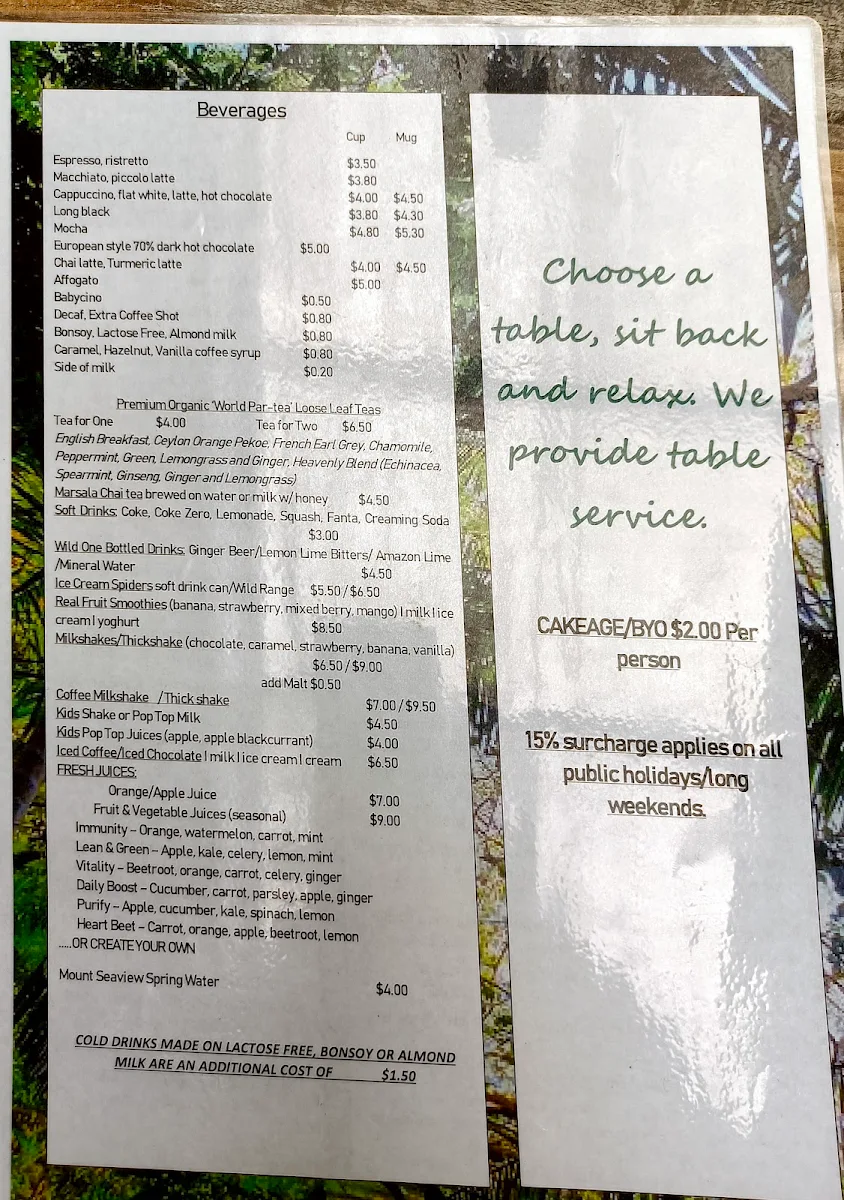 Menu, The Rainforest Cafe Port Macquarie