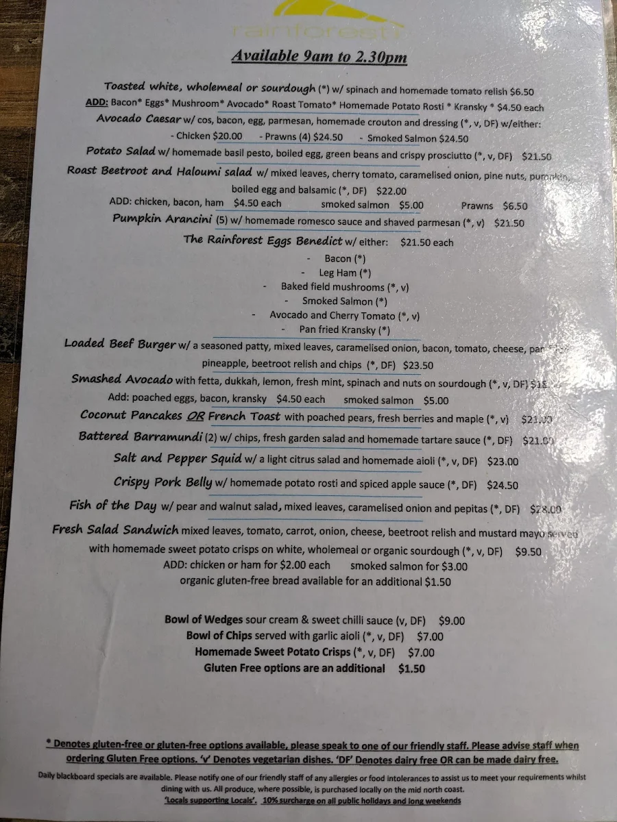 Menu, The Rainforest Cafe Port Macquarie