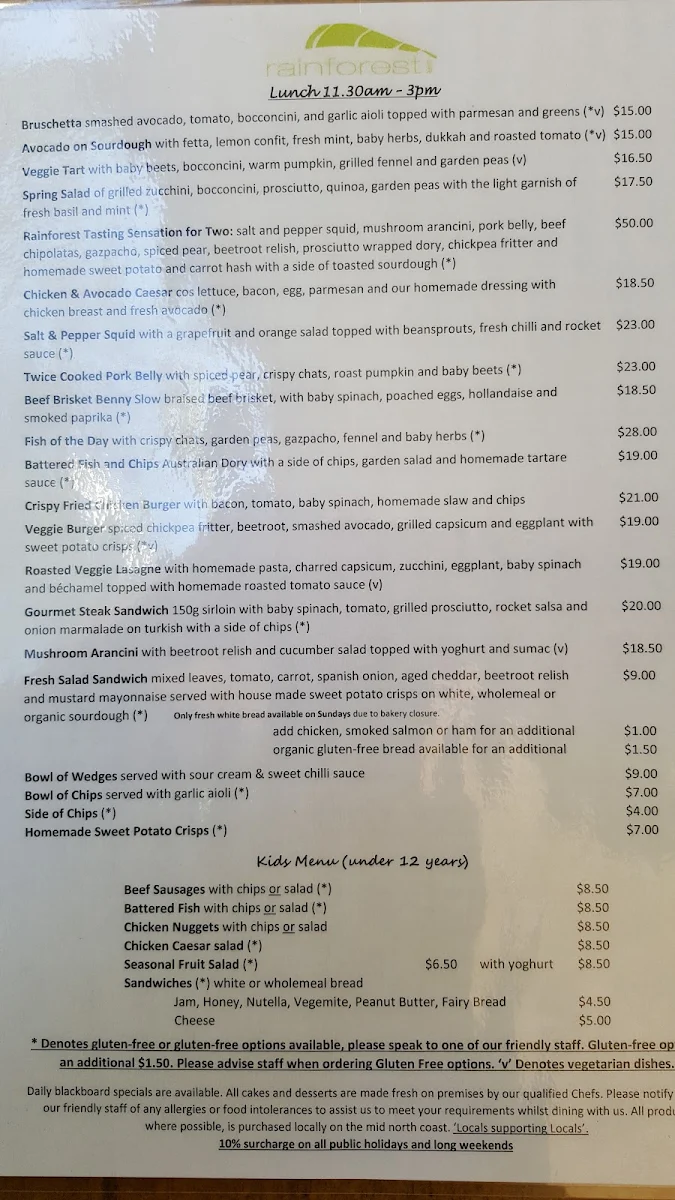 Menu, The Rainforest Cafe Port Macquarie