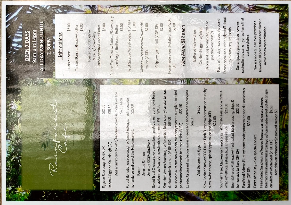Menu, The Rainforest Cafe Port Macquarie