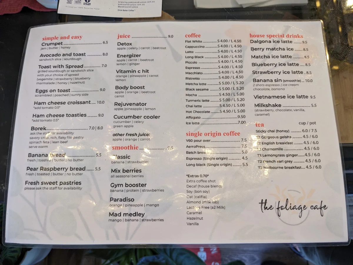 Menu, The Foliage Cafe