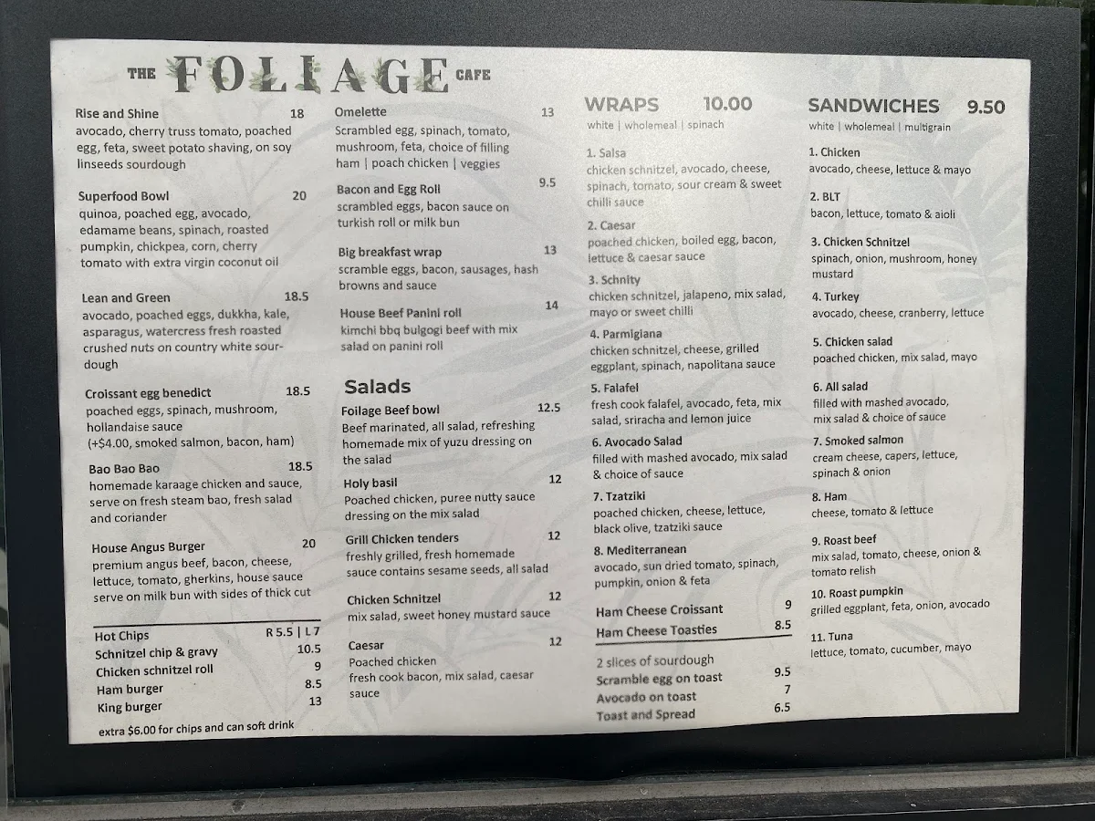 Menu, The Foliage Cafe