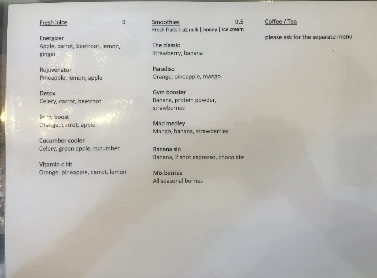 Menu, The Foliage Cafe
