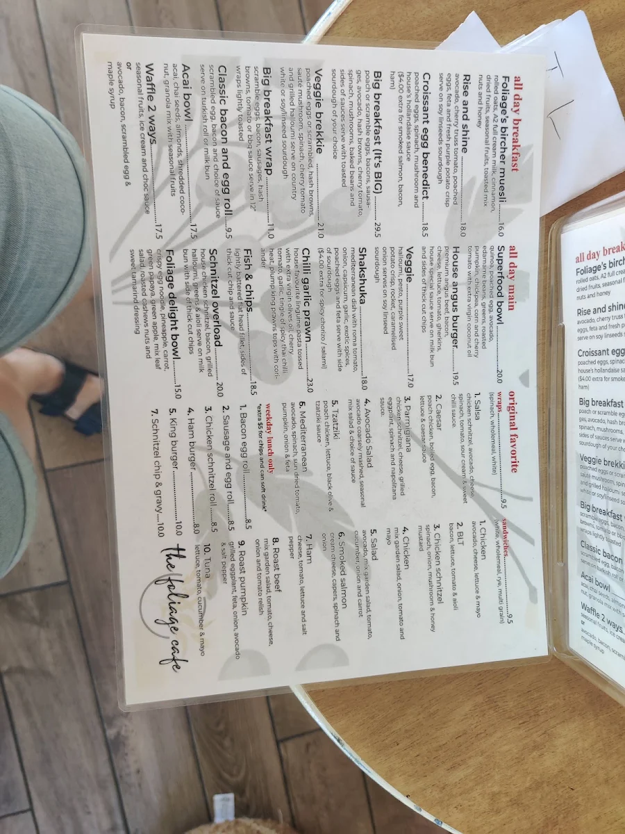 Menu, The Foliage Cafe