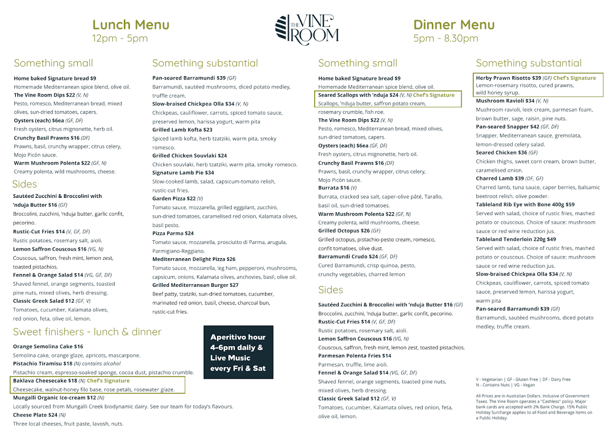 Menu, The Vine Room Waterfront Restaurant and Bar