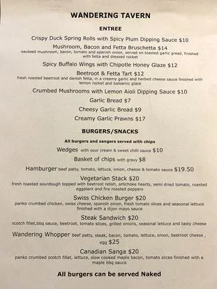 Menu, Wandering Tavern