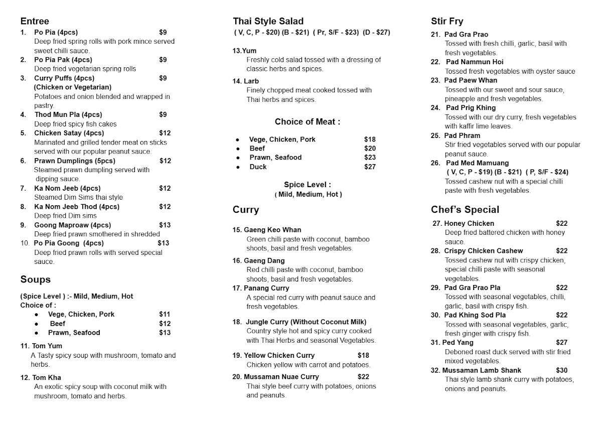Menu, AJ Thai Fusion