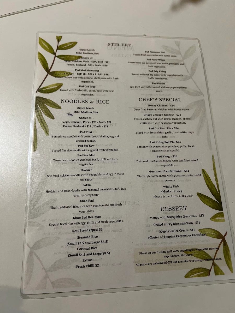 Menu, AJ Thai Fusion