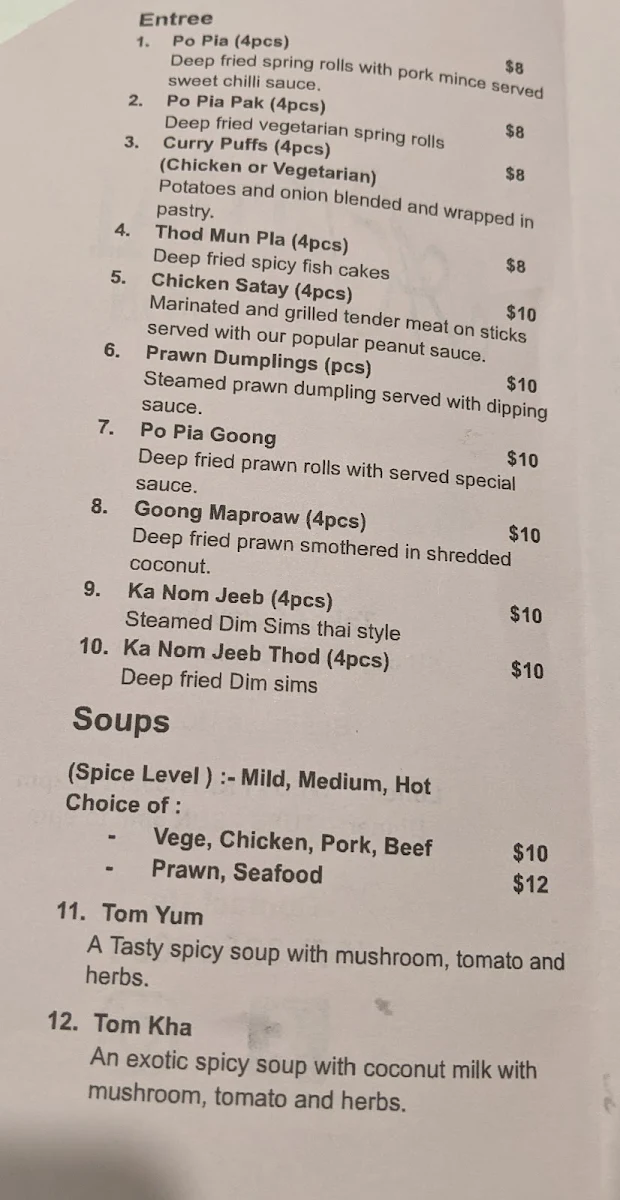 Menu, AJ Thai Fusion