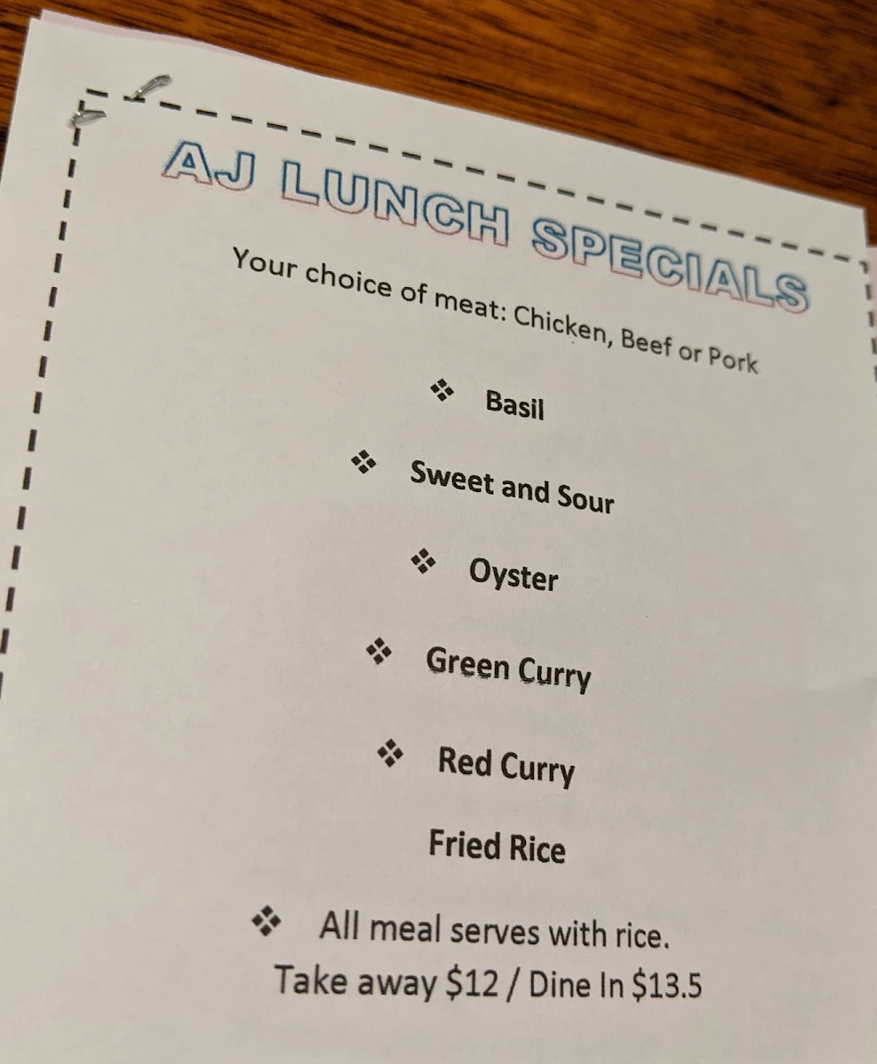 Menu, AJ Thai Fusion