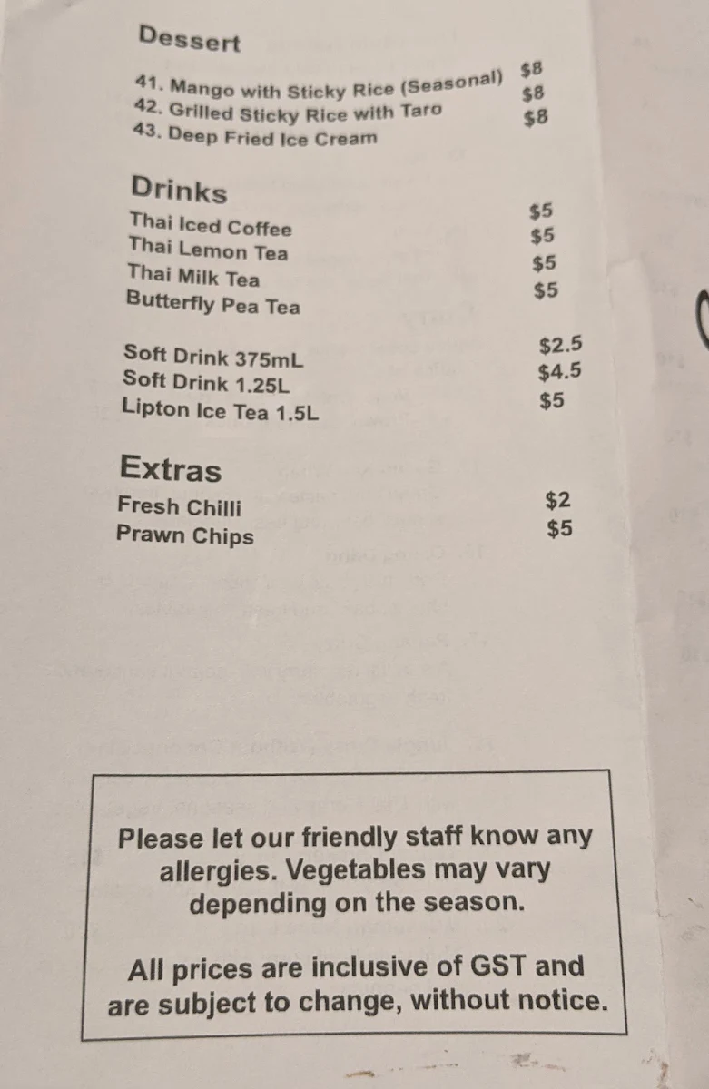 Menu, AJ Thai Fusion