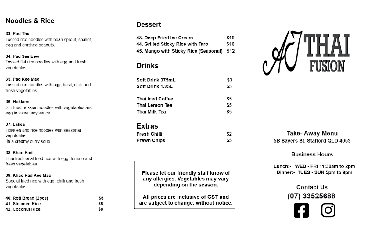 Menu, AJ Thai Fusion