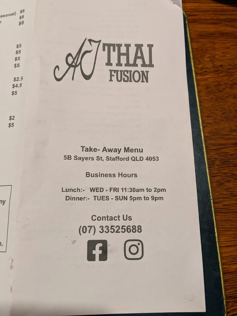 Menu, AJ Thai Fusion