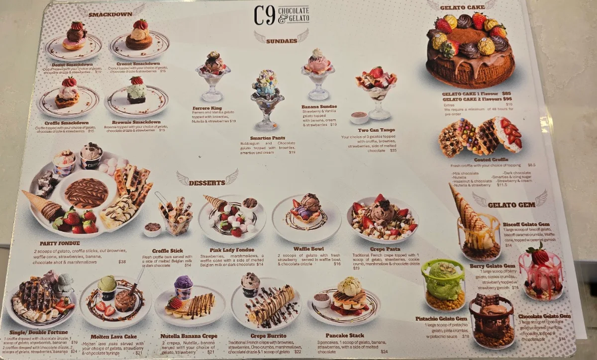 Menu, C9 Chocolate & Gelato Tallawong