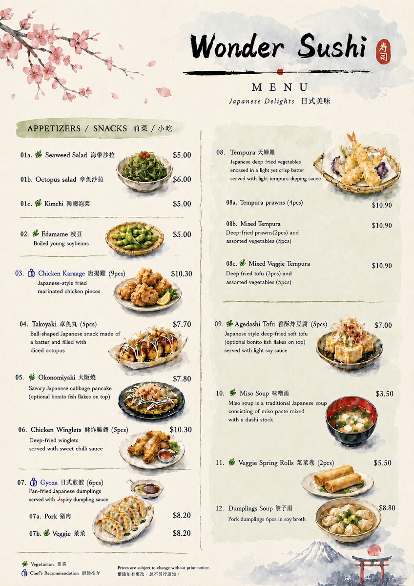 Menu, Wonder Sushi-Melbourne