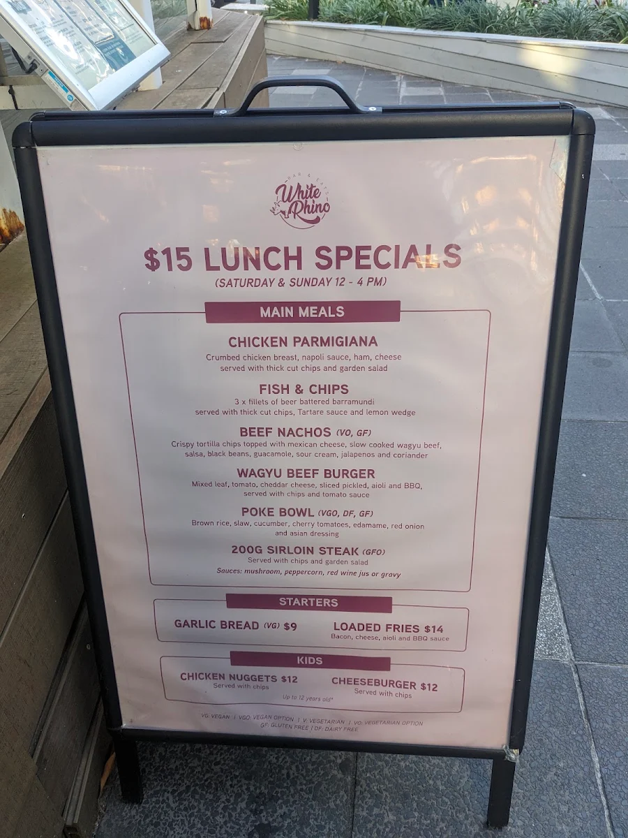 Menu, White Rhino Bar & Eats