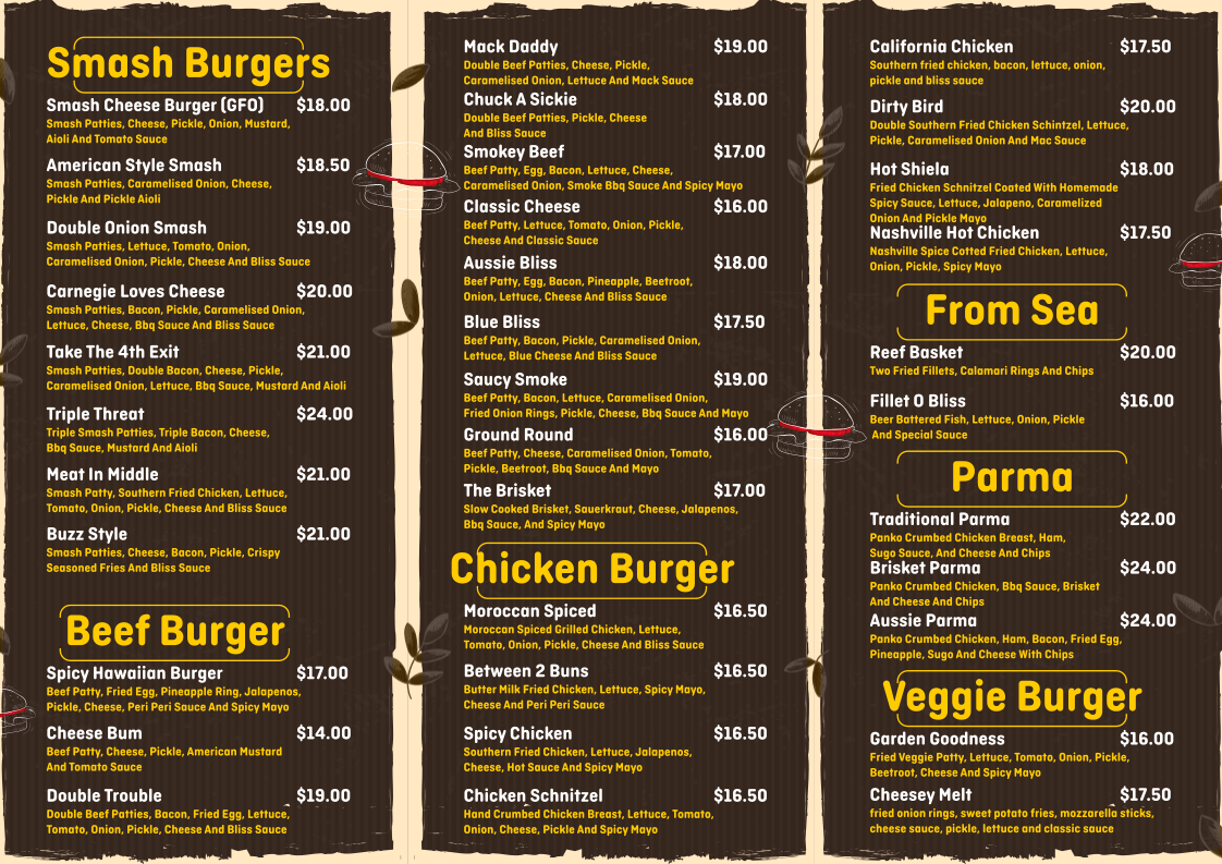 Menu, Burger Bliss