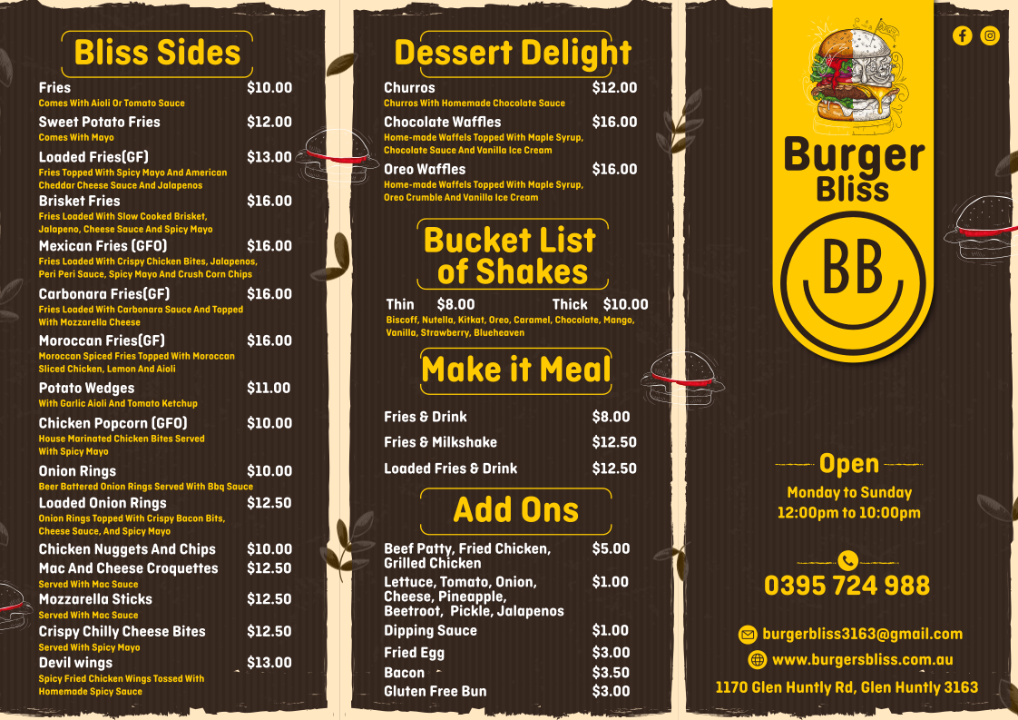 Menu, Burger Bliss