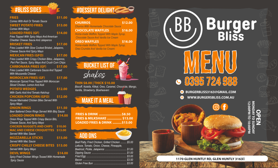 Menu, Burger Bliss