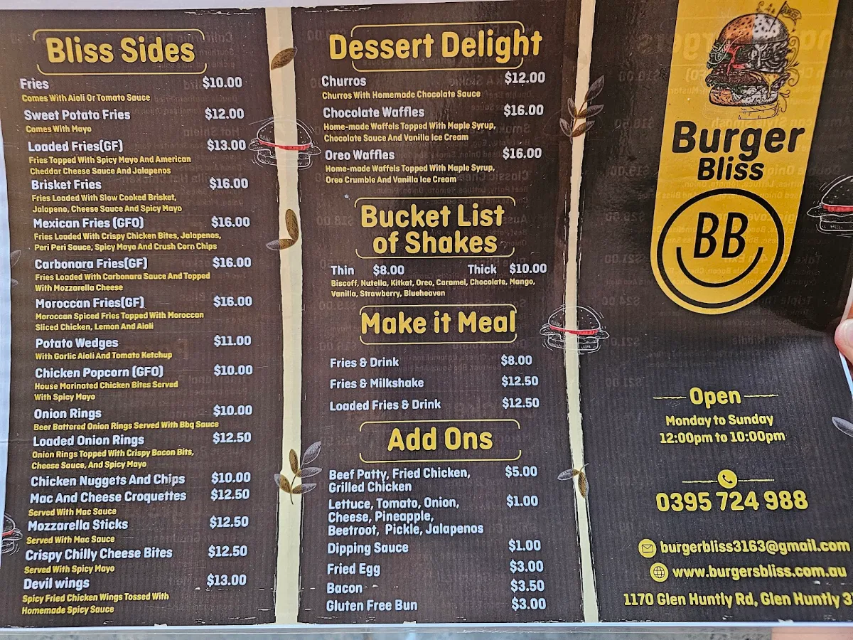 Menu, Burger Bliss