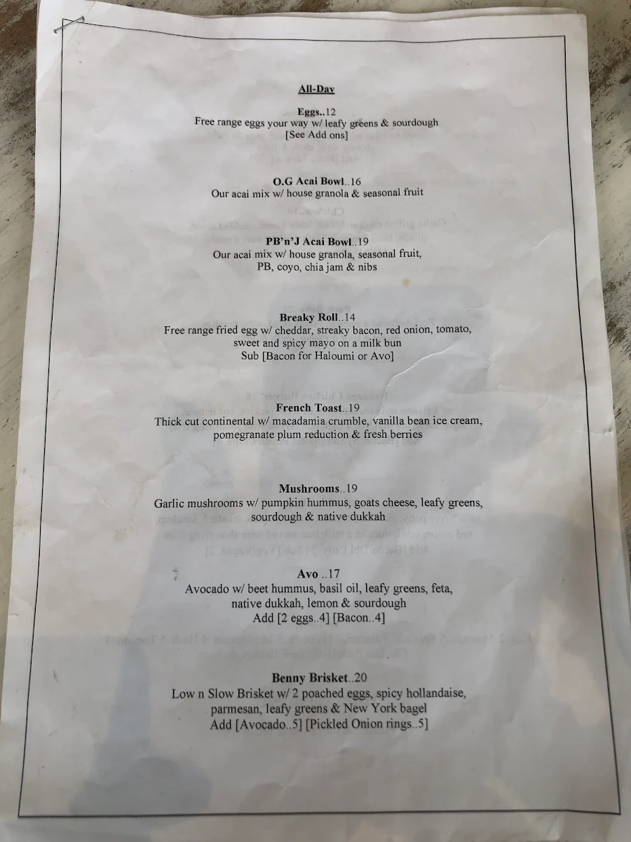 Menu, 3rd Avenue