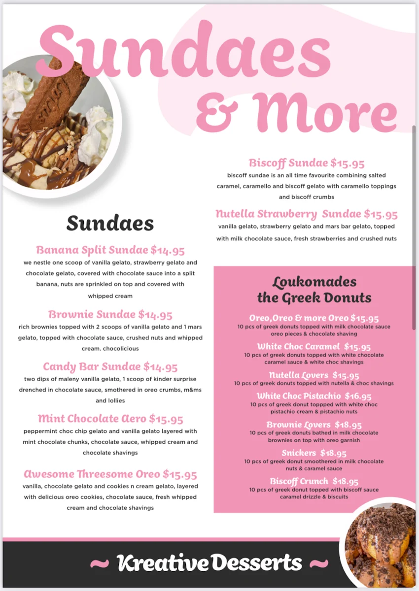 Menu, Kreative Desserts Goodna