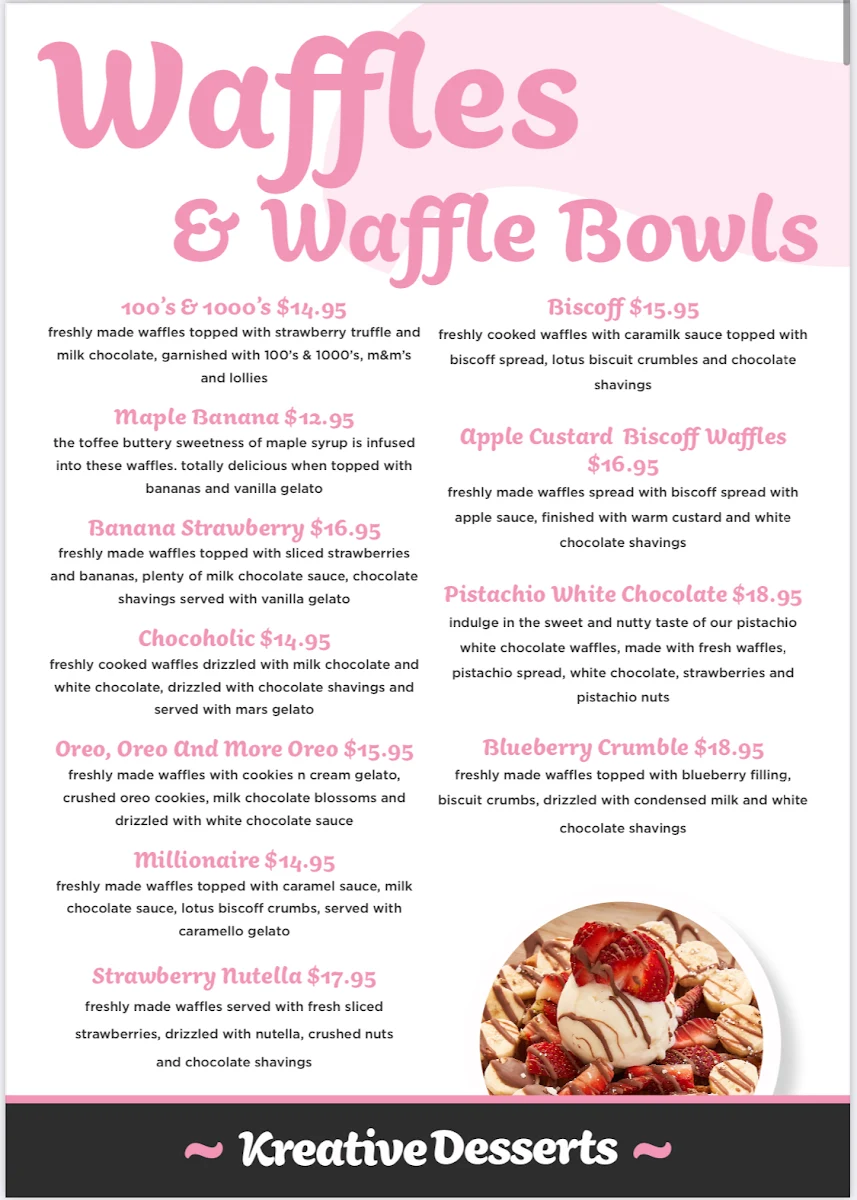 Menu, Kreative Desserts Goodna