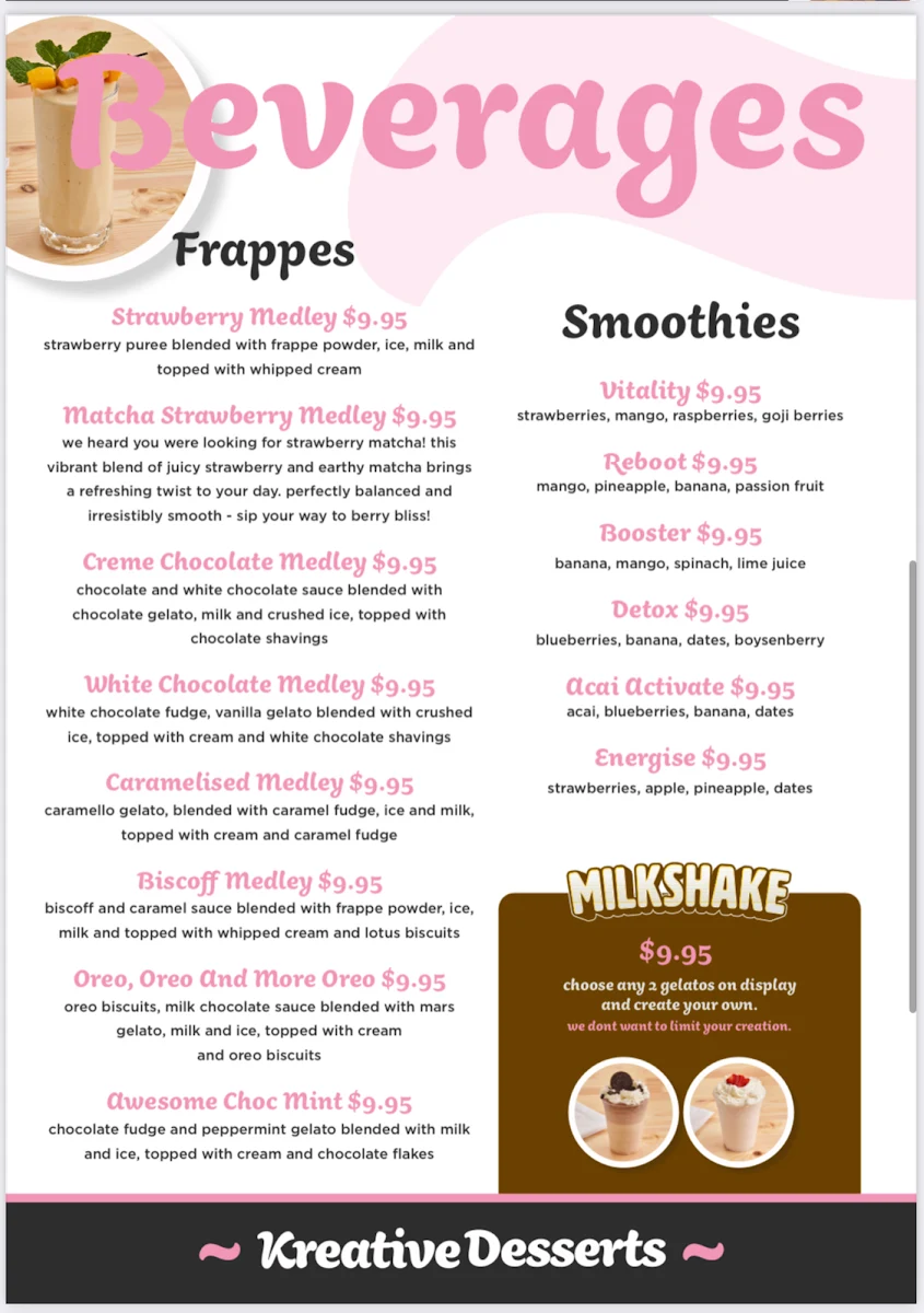 Menu, Kreative Desserts Goodna