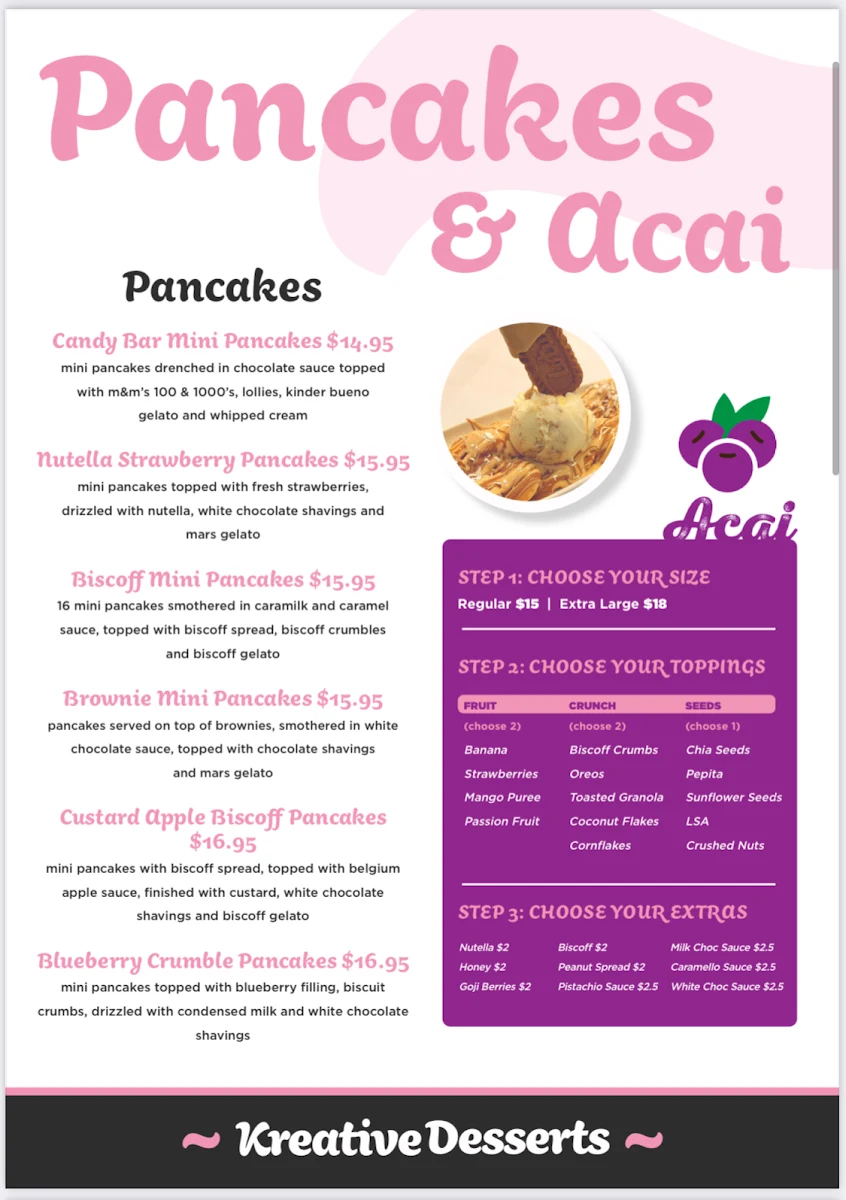 Menu, Kreative Desserts Goodna