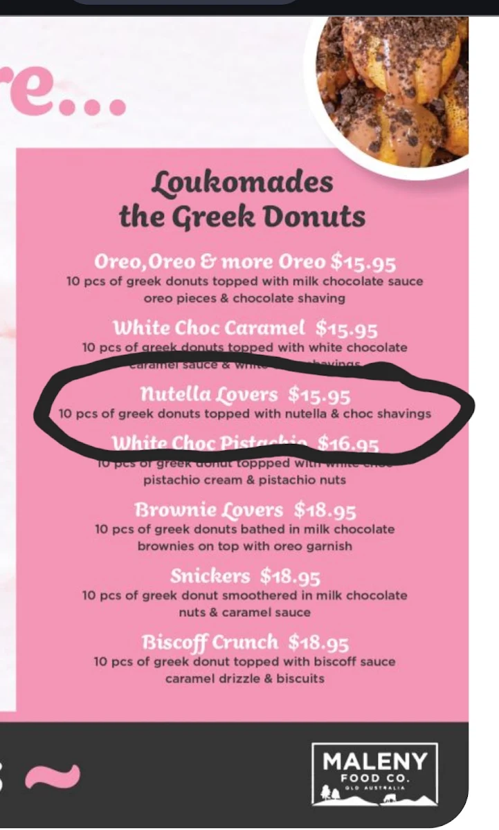 Menu, Kreative Desserts Goodna