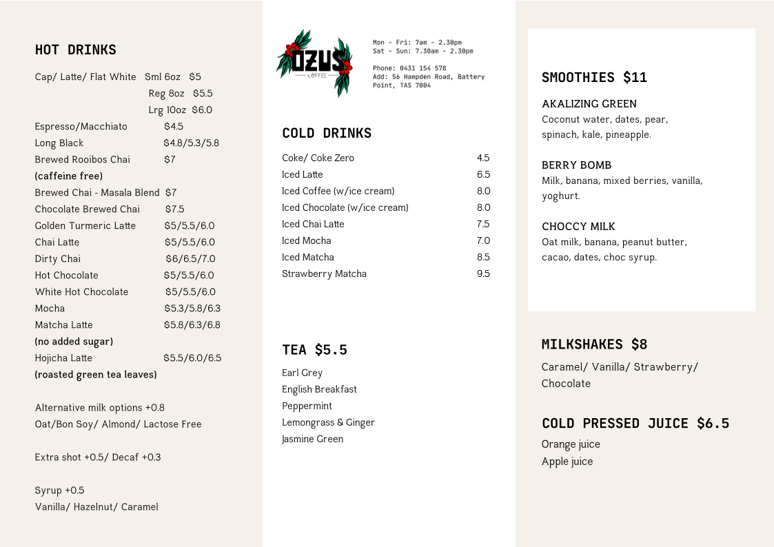 Menu, OZUS COFFEE