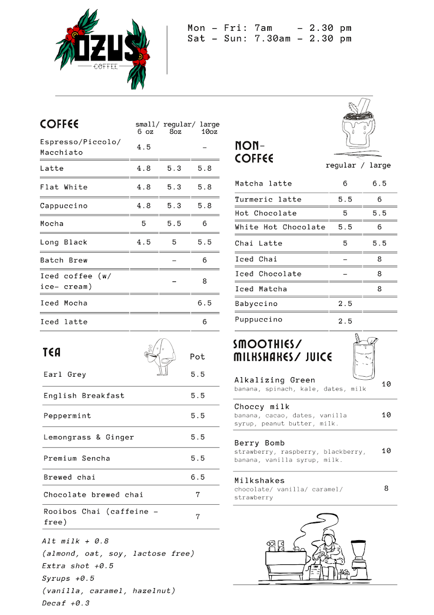 Menu, OZUS COFFEE