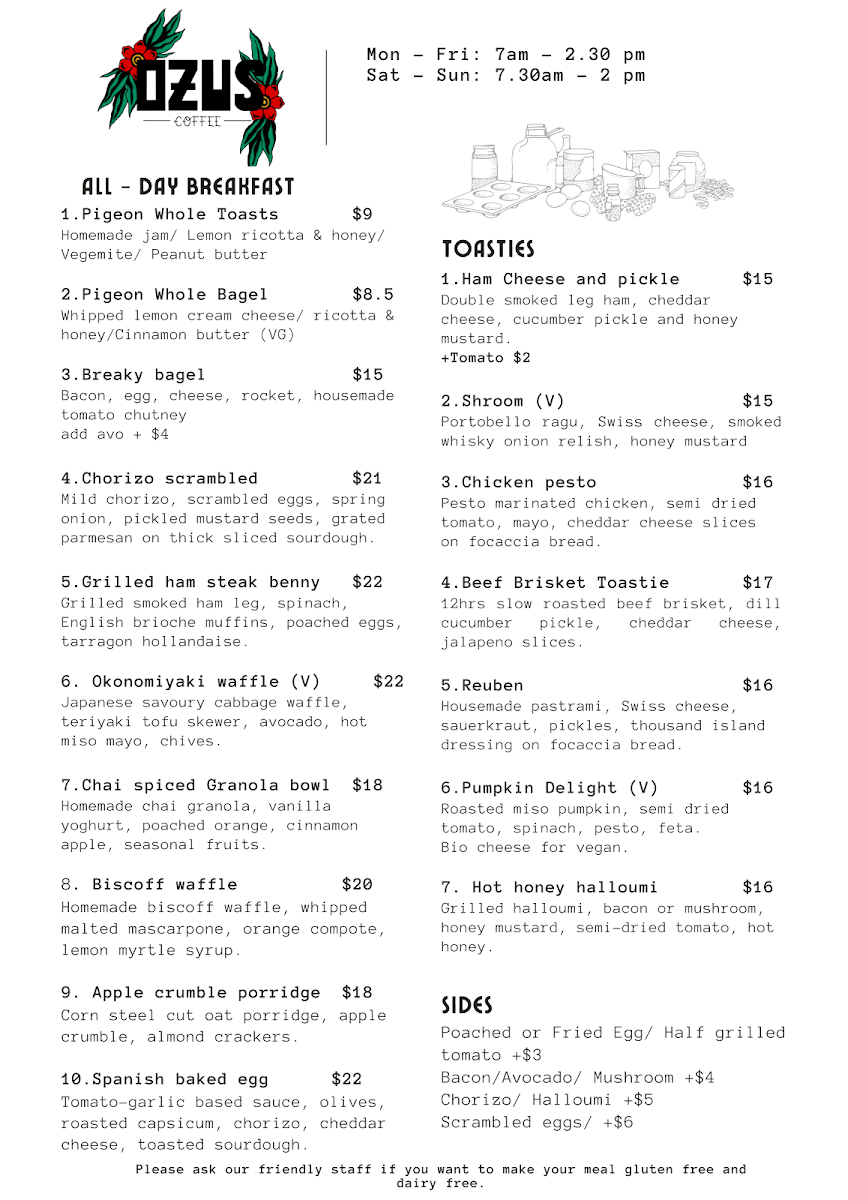 Menu, OZUS COFFEE
