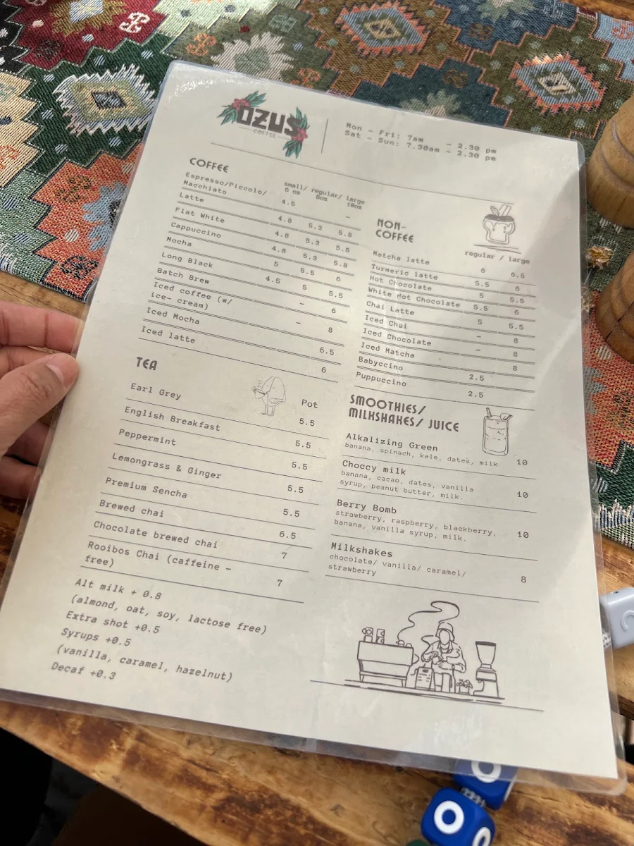 Menu, OZUS COFFEE