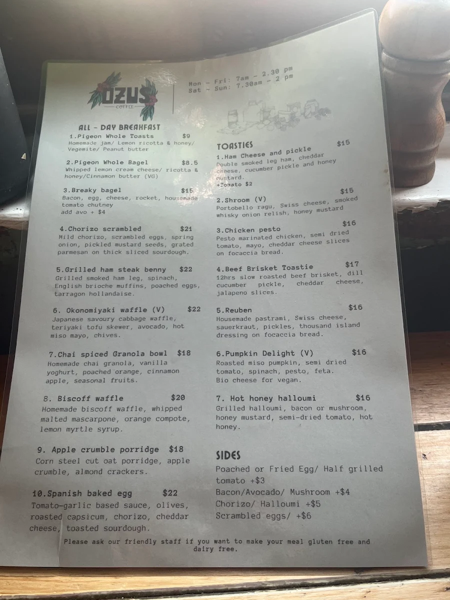 Menu, OZUS COFFEE