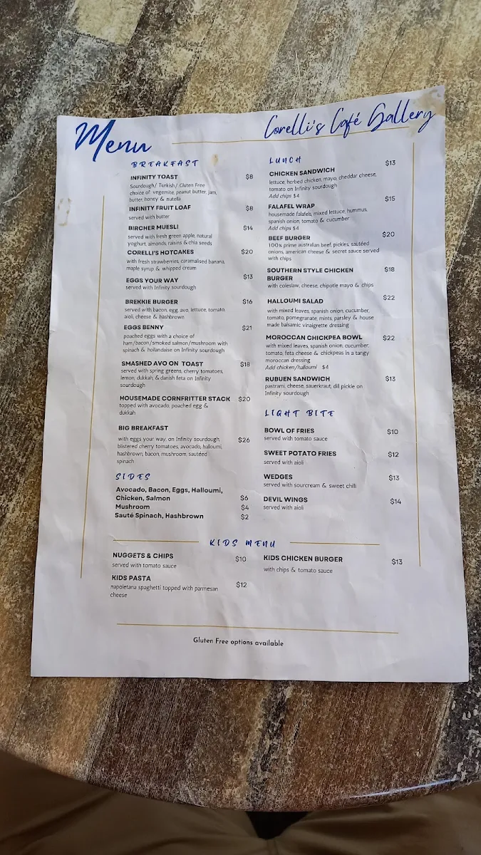 Menu, Corellis Cafe Gallery
