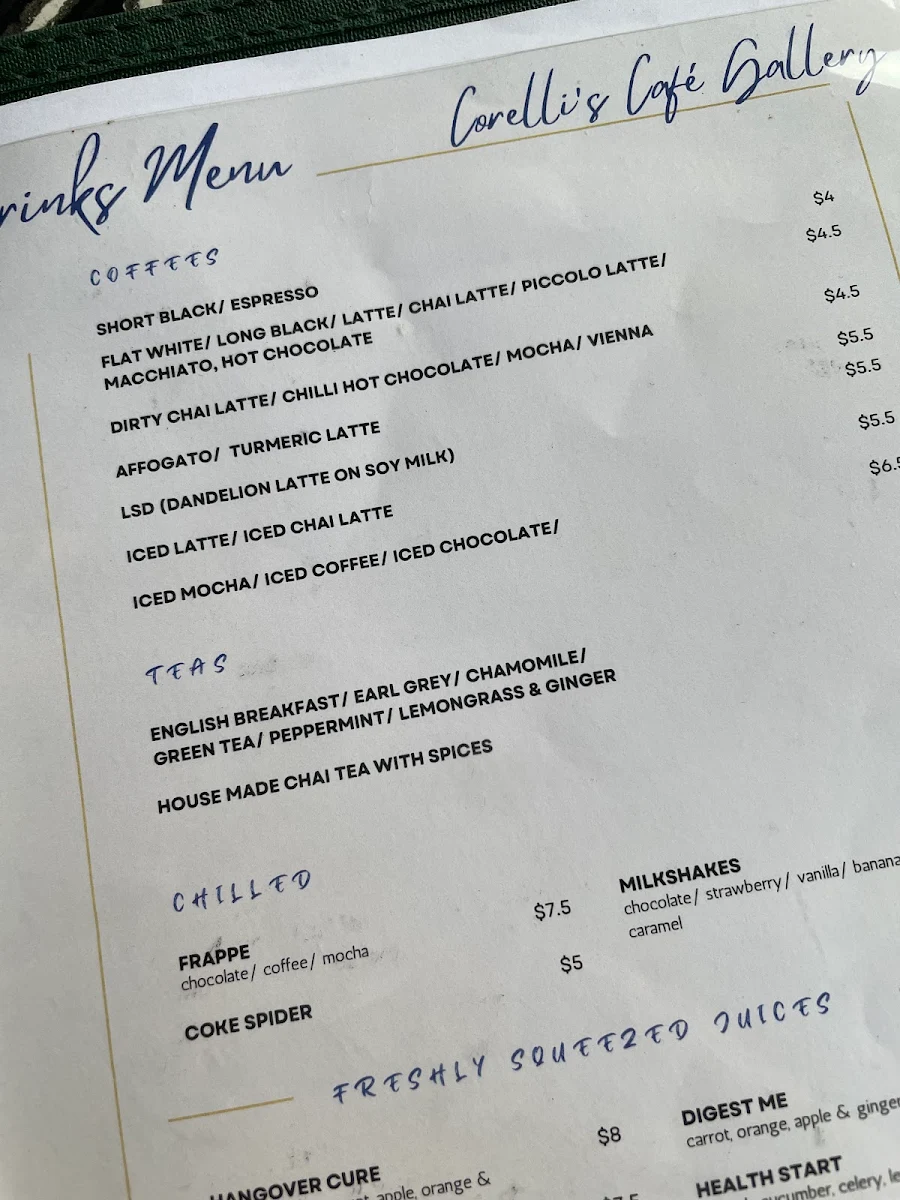 Menu, Corellis Cafe Gallery