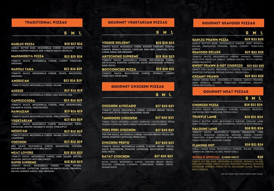 Menu, Pizza shop