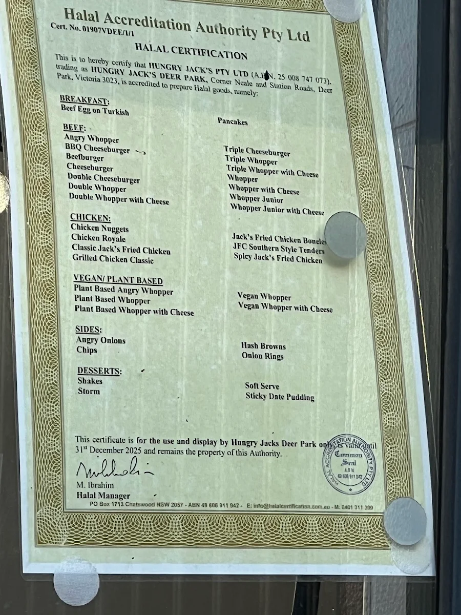 Menu, Hungry Jack's Burgers Deer Park