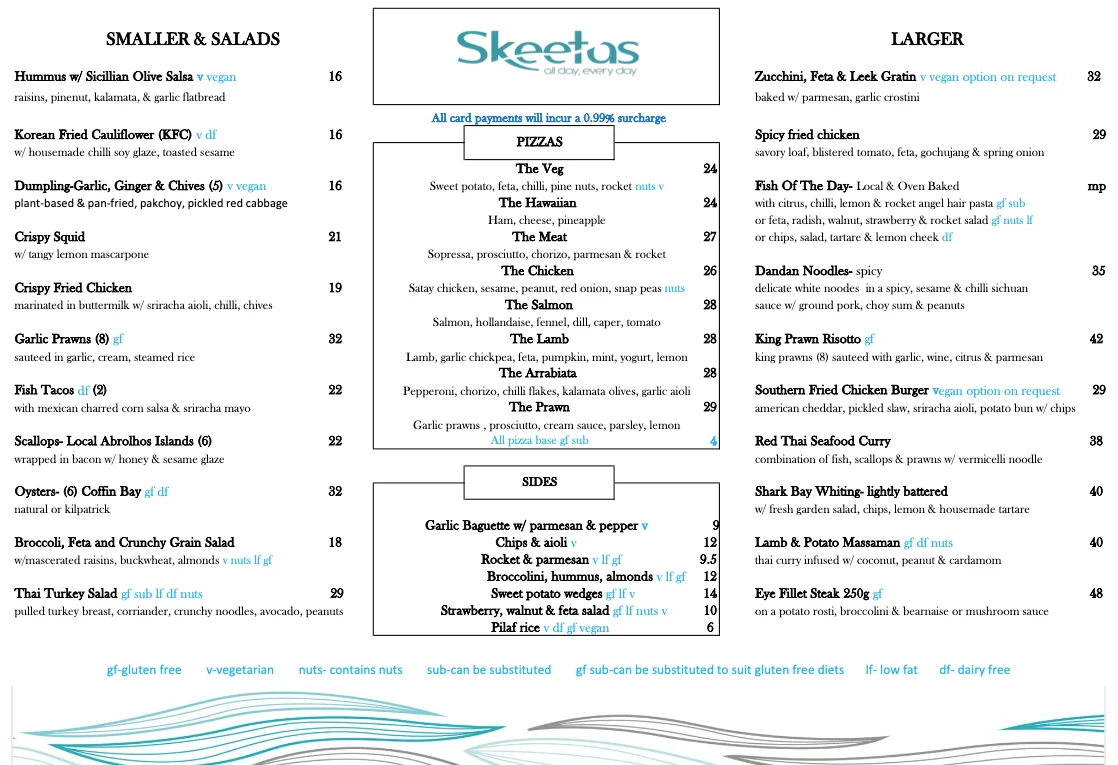 Menu, Skeetas Restaurant Bar & Cafe