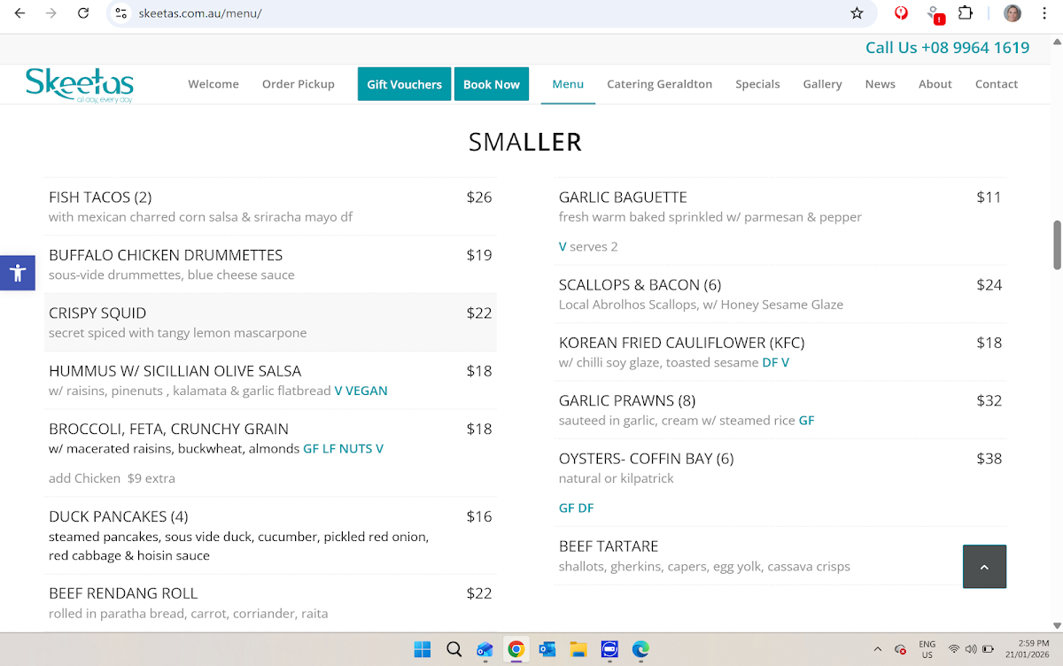 Menu, Skeetas Restaurant Bar & Cafe