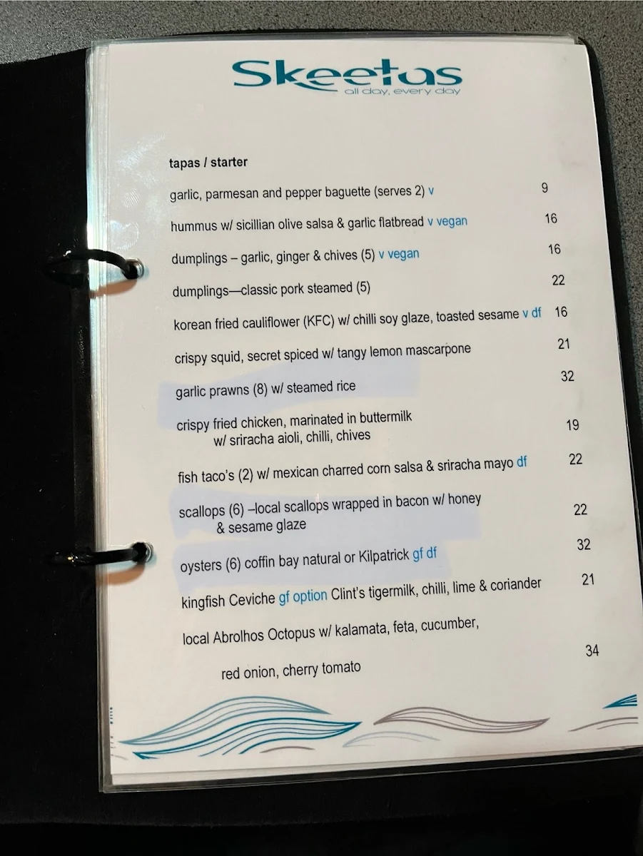 Menu, Skeetas Restaurant Bar & Cafe