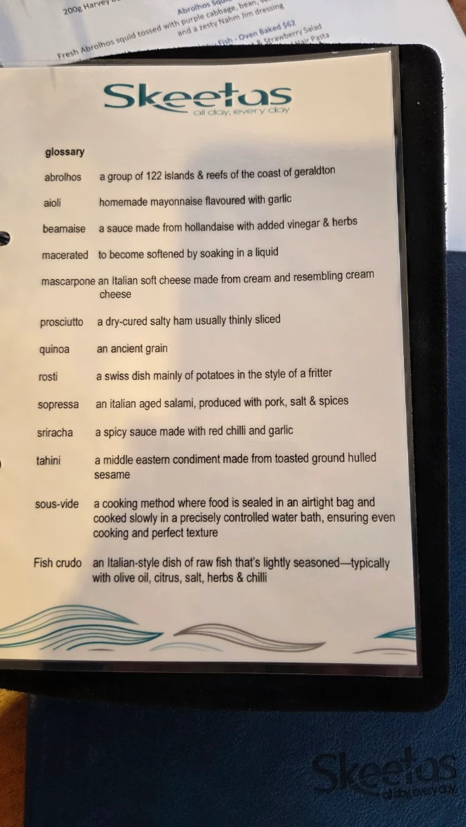 Menu, Skeetas Restaurant Bar & Cafe