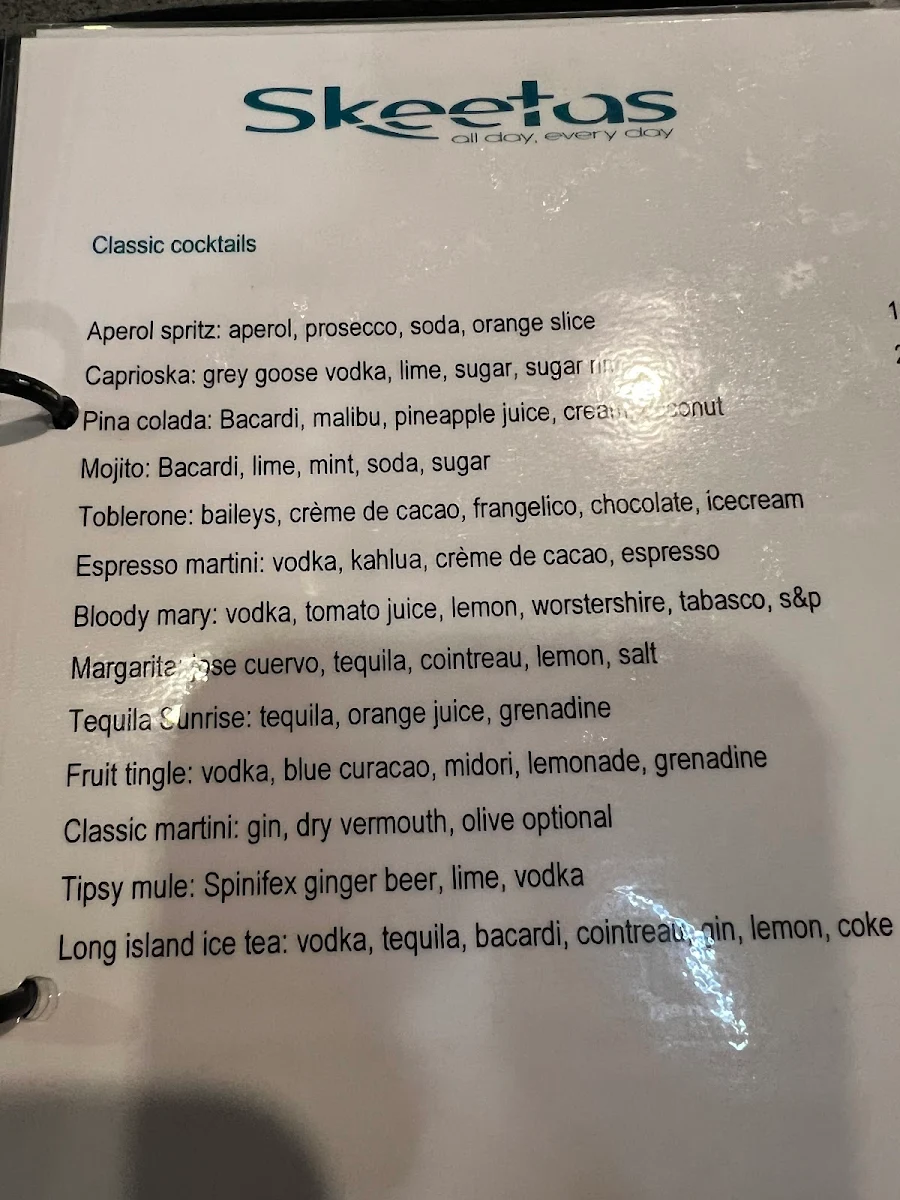 Menu, Skeetas Restaurant Bar & Cafe