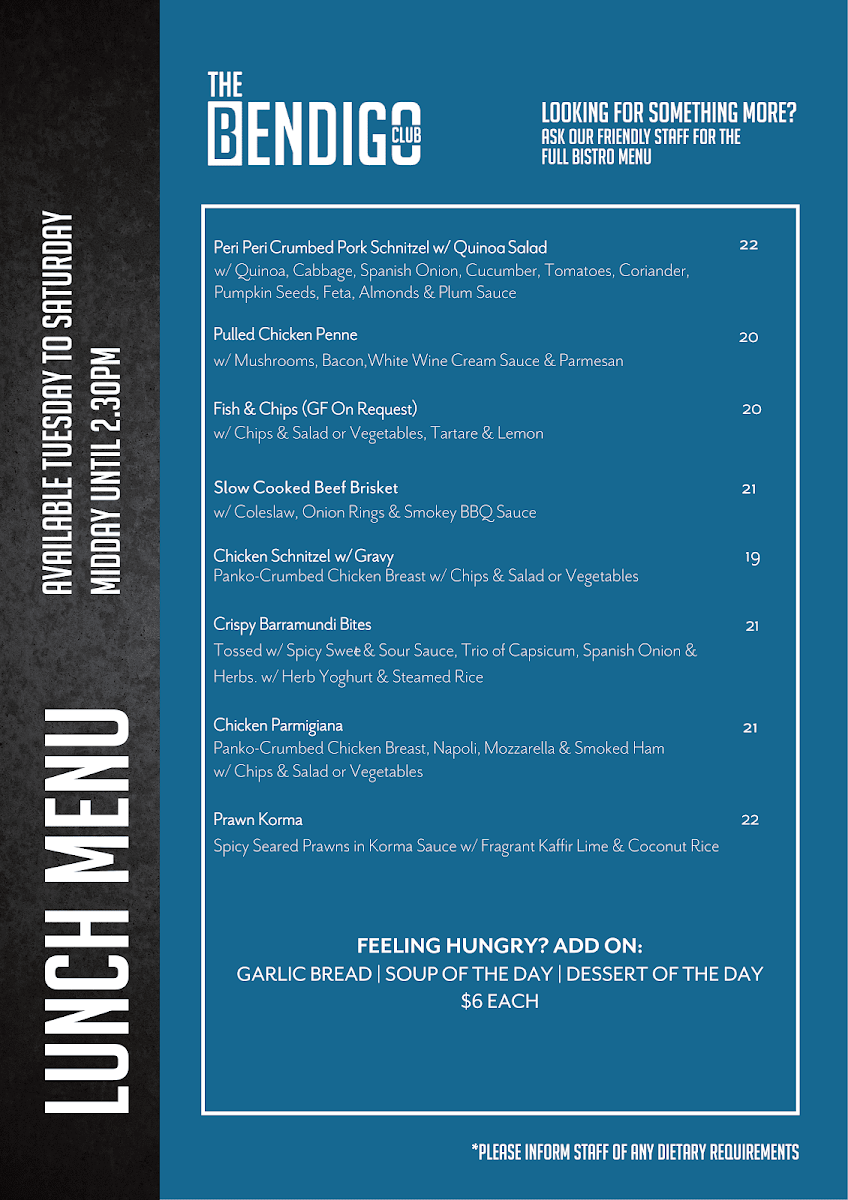 Menu, The Bendigo Club