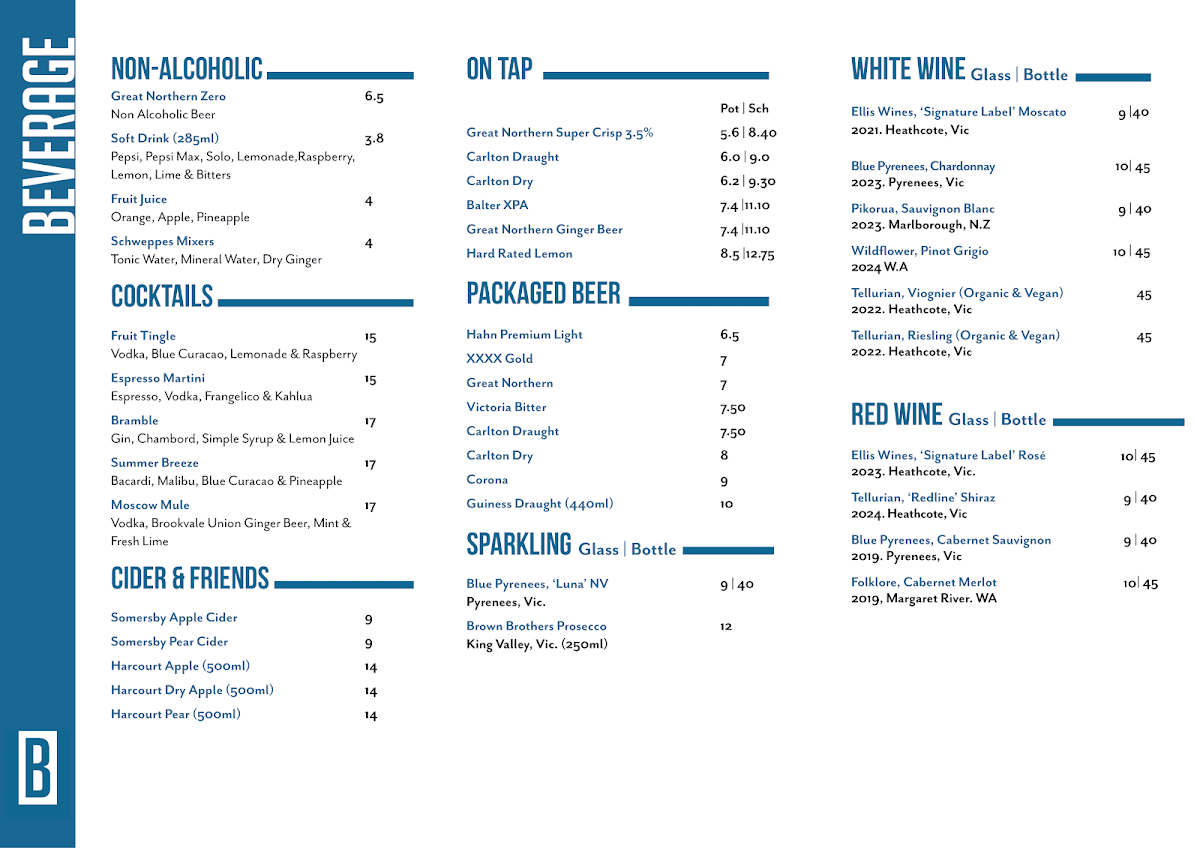 Menu, The Bendigo Club