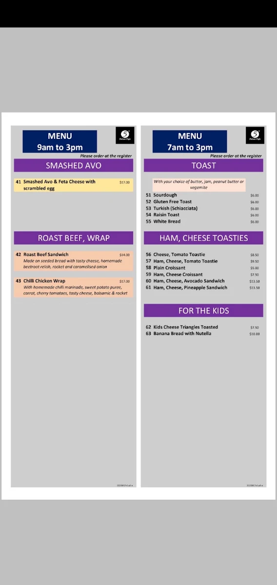 Menu, 5th Season Cronulla (Korean Restaurant)