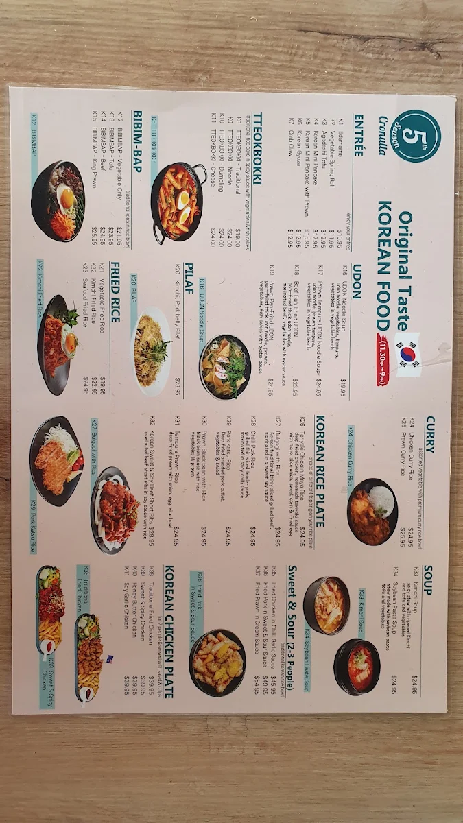 Menu, 5th Season Cronulla (Korean Restaurant)